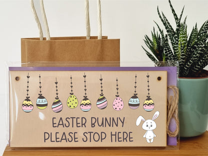 Handmade Wooden Hanging Wall Plaque Easter Bunny Please Stop Here Cute Fun Easter Sign Garden Kitchen Decoration