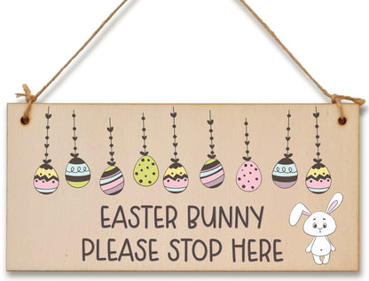 Handmade Wooden Hanging Wall Plaque Easter Bunny Please Stop Here Cute Fun Easter Sign Garden Kitchen Decoration