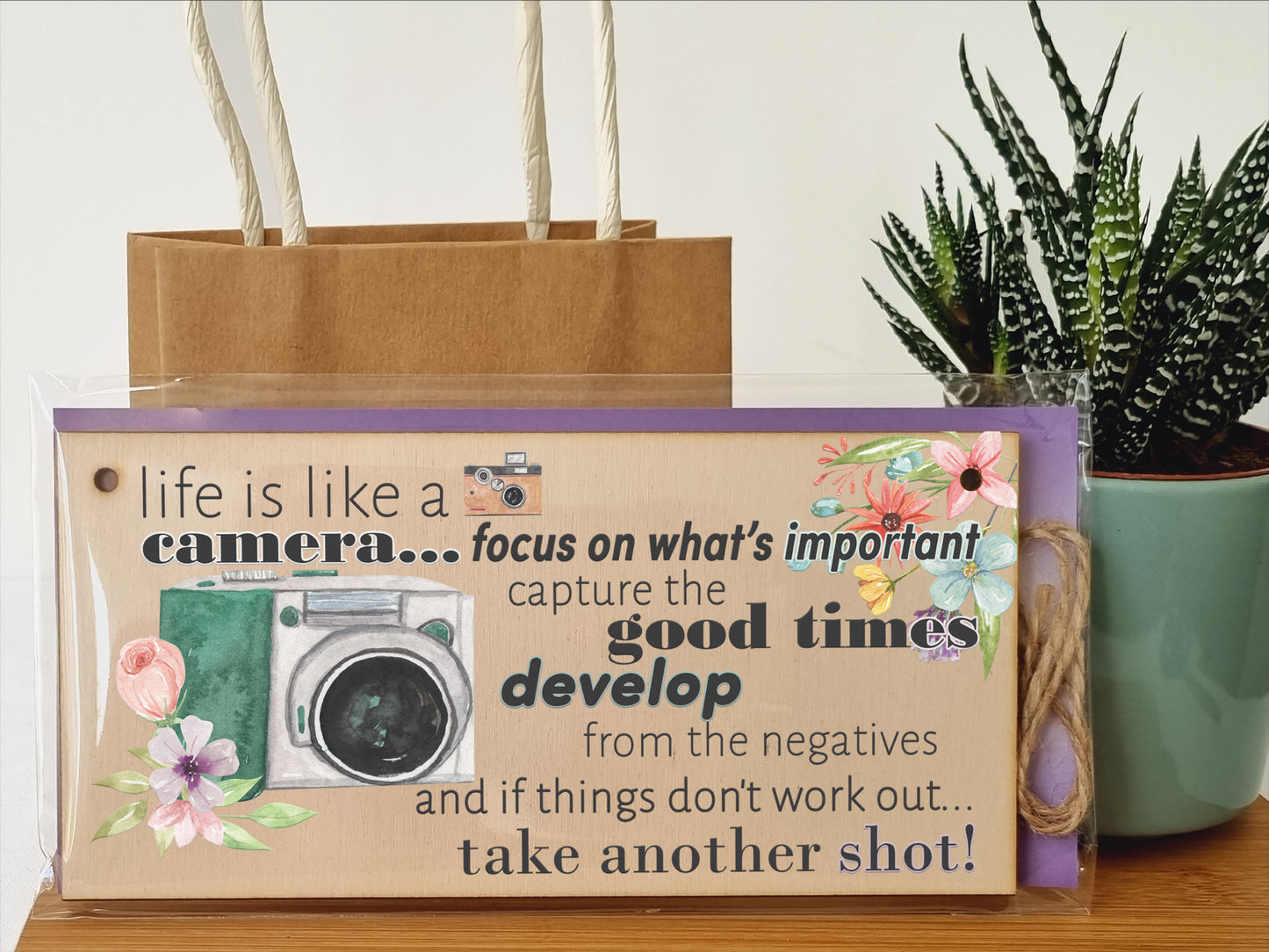 Life is like a camera Inspirational Handmade Wooden Plaque Photography Hanging Sign Watercolour Retro Style Home Décor