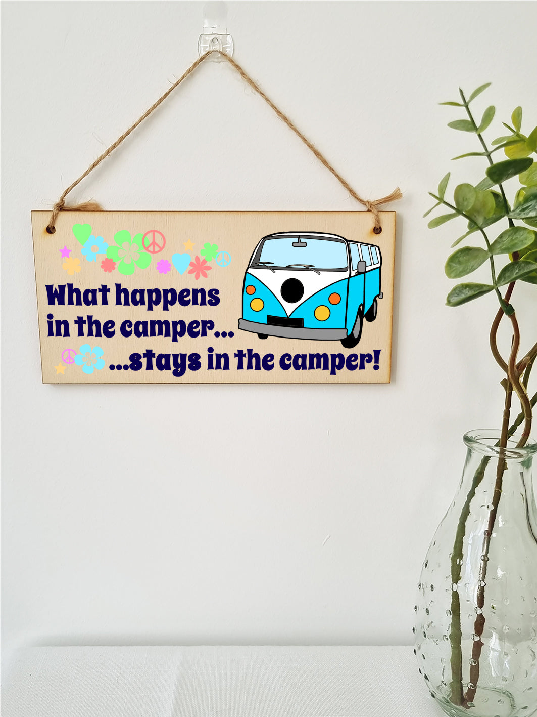 Handmade Wooden Hanging Wall Plaque What Happens in the Camper Fun Retro Camping Adventure Sign