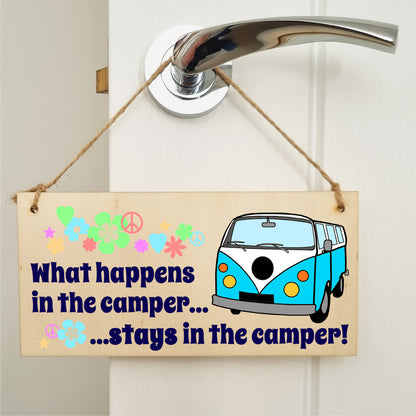 Handmade Wooden Hanging Wall Plaque What Happens in the Camper Fun Retro Camping Adventure Sign