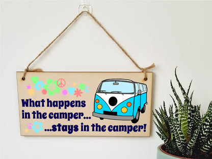 Handmade Wooden Hanging Wall Plaque What Happens in the Camper Fun Retro Camping Adventure Sign