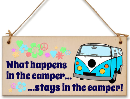 Handmade Wooden Hanging Wall Plaque What Happens in the Camper Fun Retro Camping Adventure Sign