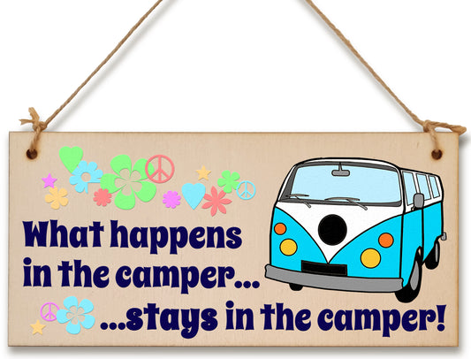 Handmade Wooden Hanging Wall Plaque What Happens in the Camper Fun Retro Camping Adventure Sign