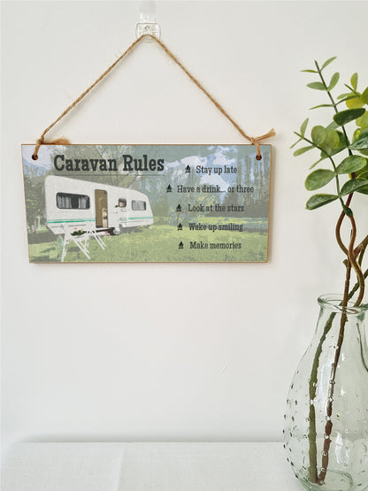 Handmade Wooden Hanging Wall Plaque Caravan Rules Stay Up Late Have a Drink Make Memories Fun Camping Adventure Sign