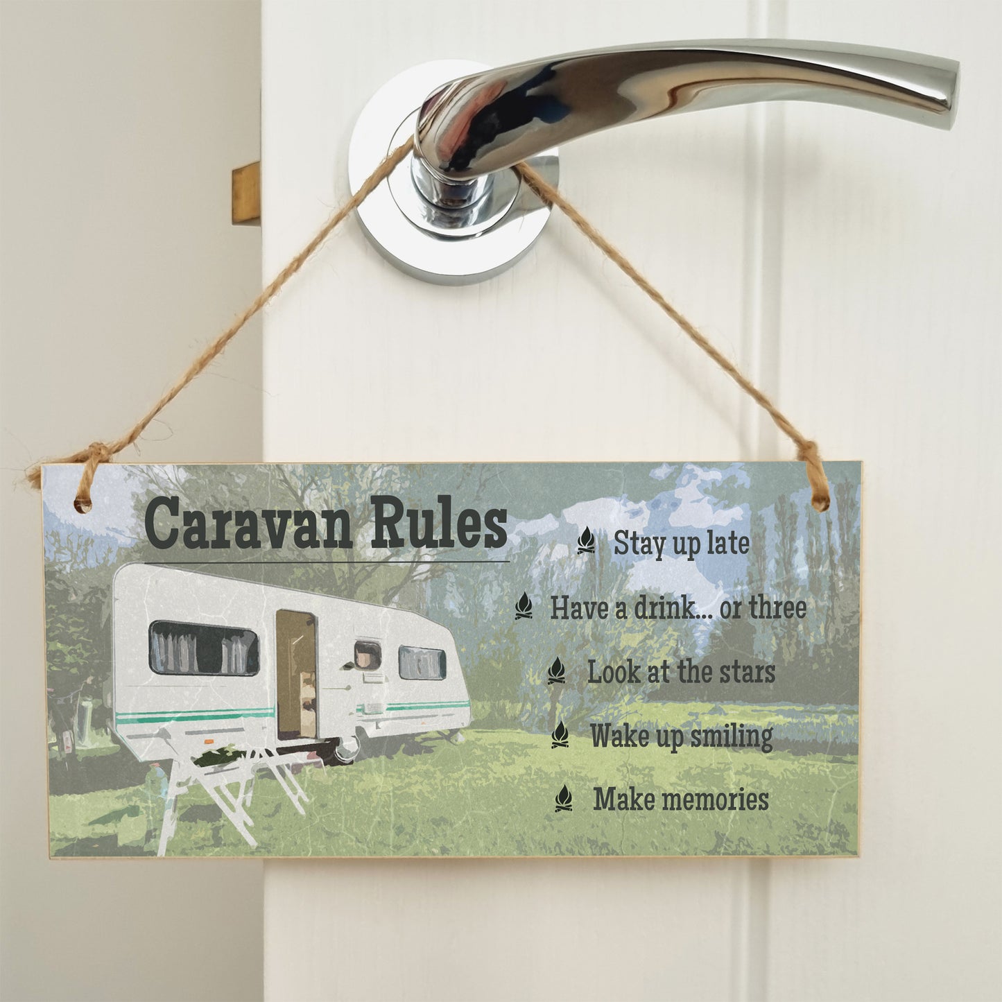 Handmade Wooden Hanging Wall Plaque Caravan Rules Stay Up Late Have a Drink Make Memories Fun Camping Adventure Sign