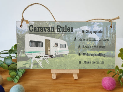 Handmade Wooden Hanging Wall Plaque Caravan Rules Stay Up Late Have a Drink Make Memories Fun Camping Adventure Sign