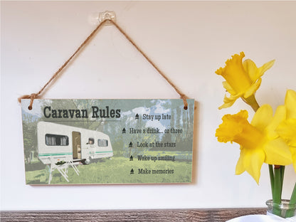 Handmade Wooden Hanging Wall Plaque Caravan Rules Stay Up Late Have a Drink Make Memories Fun Camping Adventure Sign