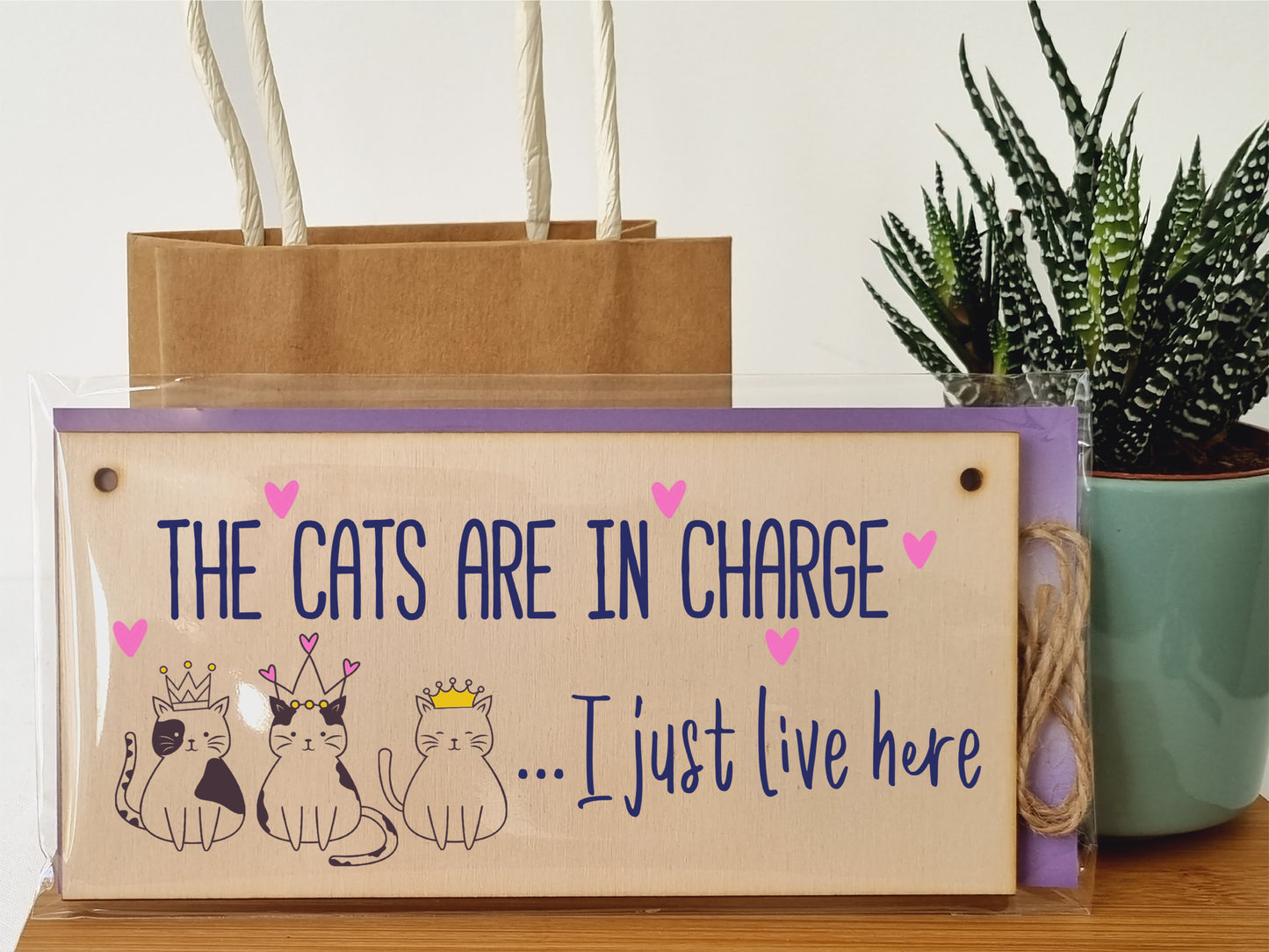 Handmade Wooden Hanging Wall Plaque Cats in Charge I Just Live Here Funny Gift Pet Lover Cat Mum Dad