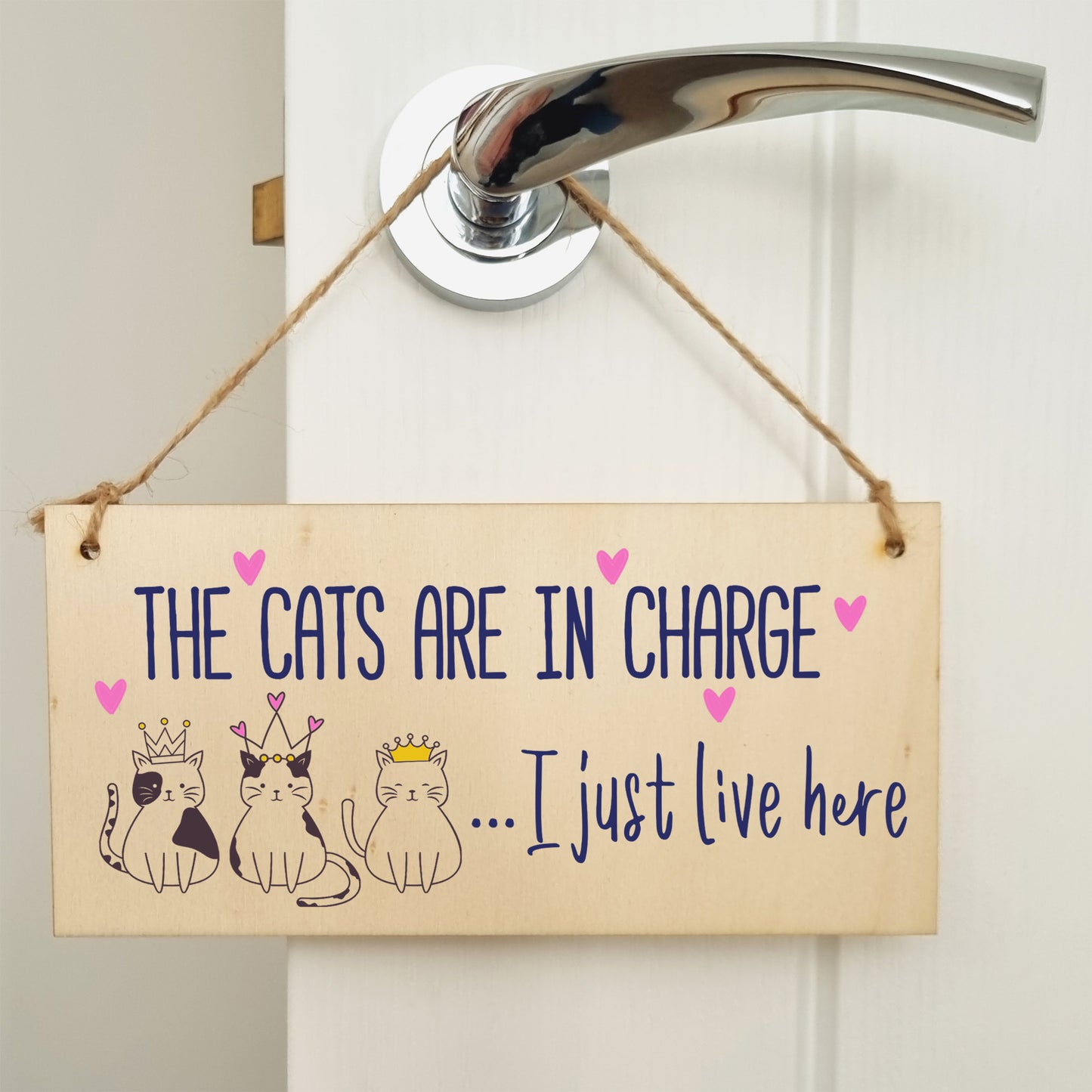 Handmade Wooden Hanging Wall Plaque Cats in Charge I Just Live Here Funny Gift Pet Lover Cat Mum Dad