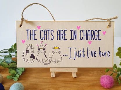 Handmade Wooden Hanging Wall Plaque Cats in Charge I Just Live Here Funny Gift Pet Lover Cat Mum Dad