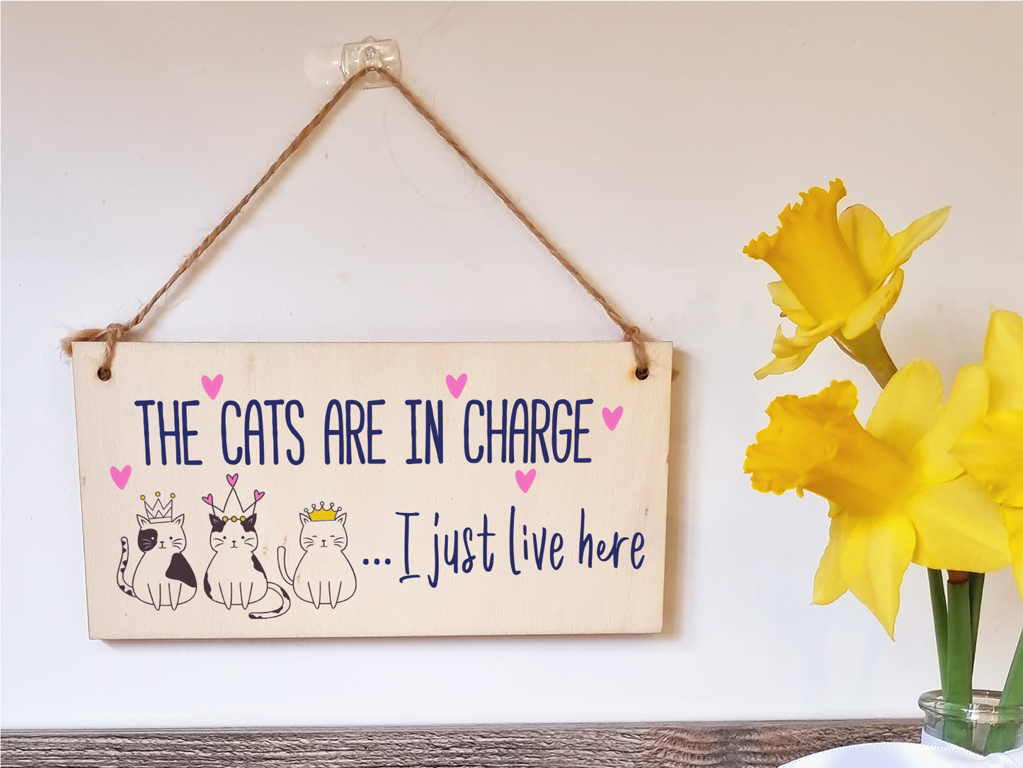 Handmade Wooden Hanging Wall Plaque Cats in Charge I Just Live Here Funny Gift Pet Lover Cat Mum Dad