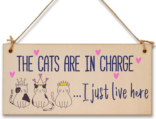 Handmade Wooden Hanging Wall Plaque Cats in Charge I Just Live Here Funny Gift Pet Lover Cat Mum Dad