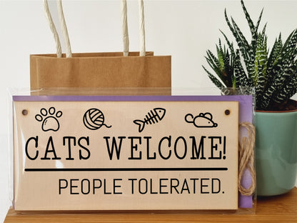 Handmade Wooden Hanging Wall Plaque Cats Welcome People Tolerated Funny Cute Sign Pet Lover Cat Mum Dad