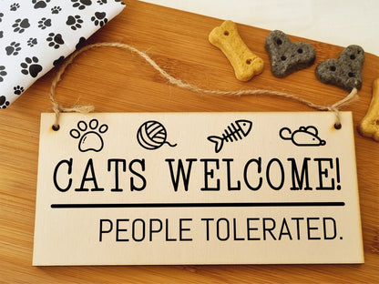 Handmade Wooden Hanging Wall Plaque Cats Welcome People Tolerated Funny Cute Sign Pet Lover Cat Mum Dad