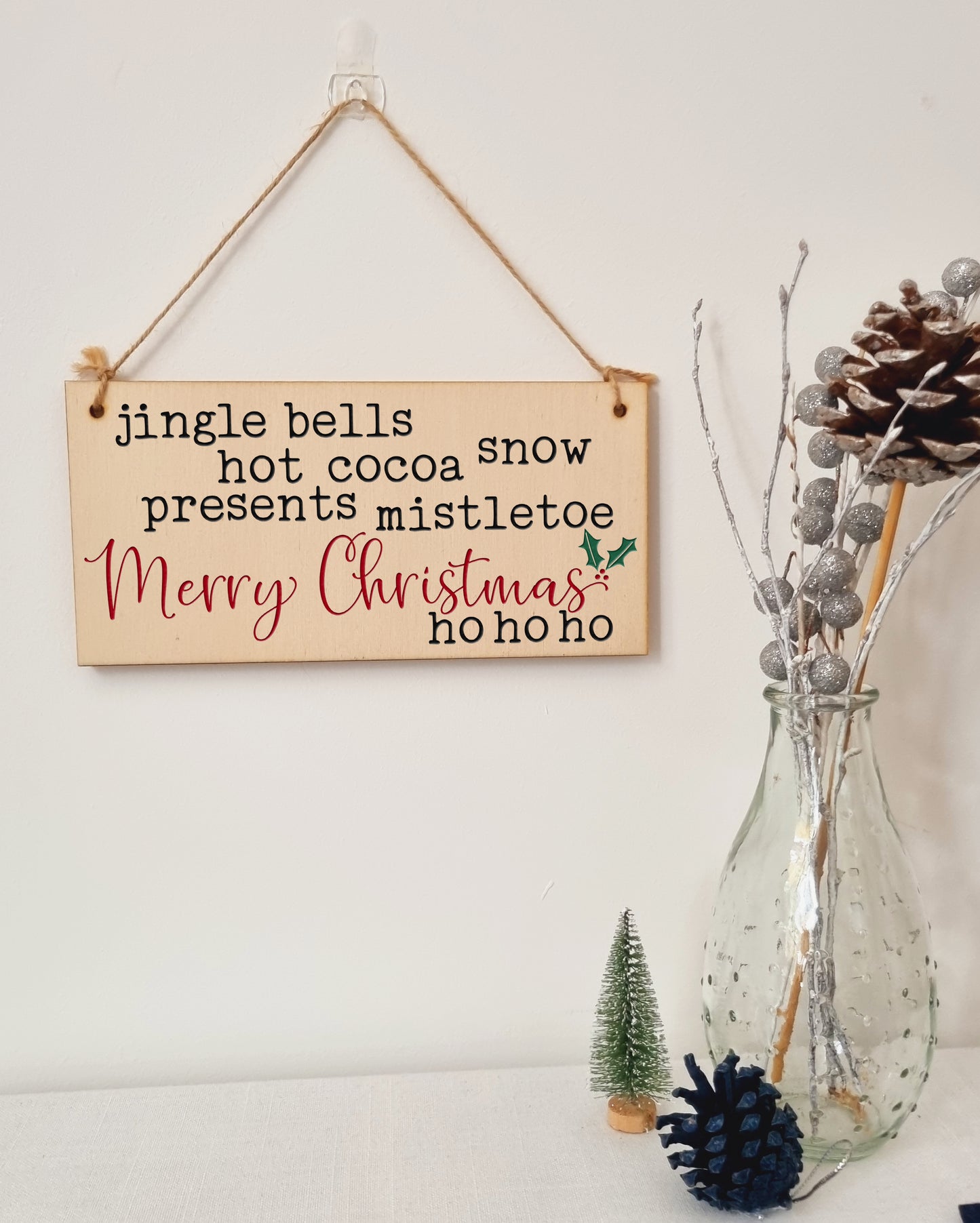 Christmas Winter Poem Decorative Christmas Sign Jingle Bells Mistletoe Ho Ho Ho Handmade Wooden Hanging Wall Plaque Gift