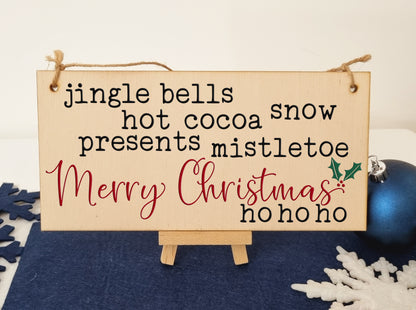 Christmas Winter Poem Decorative Christmas Sign Jingle Bells Mistletoe Ho Ho Ho Handmade Wooden Hanging Wall Plaque Gift
