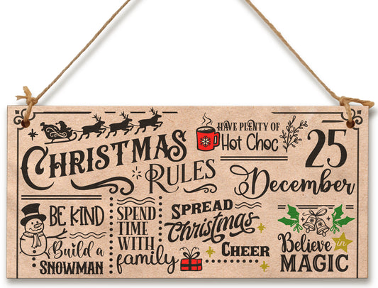Christmas Rules Be Kind Spread Xmas Cheer Fun Sign Vintage Effect Sign Handmade Wooden Hanging Wall Plaque Gift