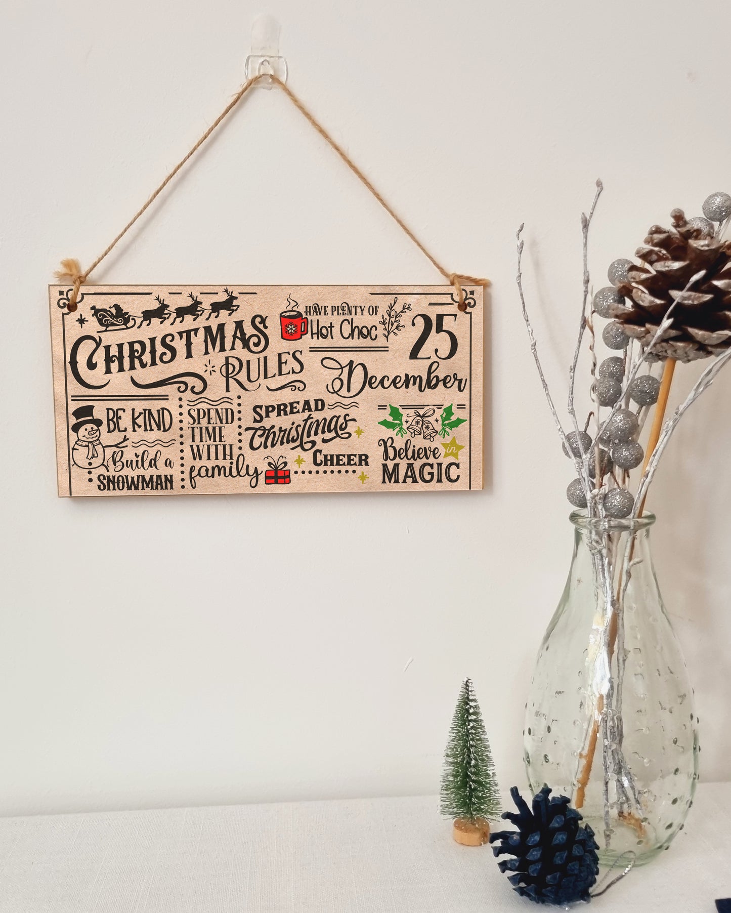 Christmas Rules Be Kind Spread Xmas Cheer Fun Sign Vintage Effect Sign Handmade Wooden Hanging Wall Plaque Gift