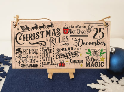 Christmas Rules Be Kind Spread Xmas Cheer Fun Sign Vintage Effect Sign Handmade Wooden Hanging Wall Plaque Gift