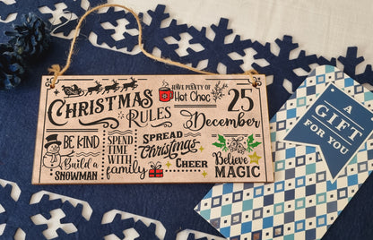 Christmas Rules Be Kind Spread Xmas Cheer Fun Sign Vintage Effect Sign Handmade Wooden Hanging Wall Plaque Gift