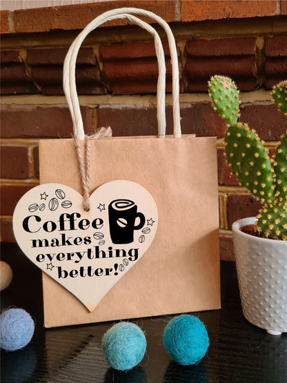 Handmade Wooden Hanging Heart Plaque Gift for Coffee Lovers Novelty Funny Keepsake