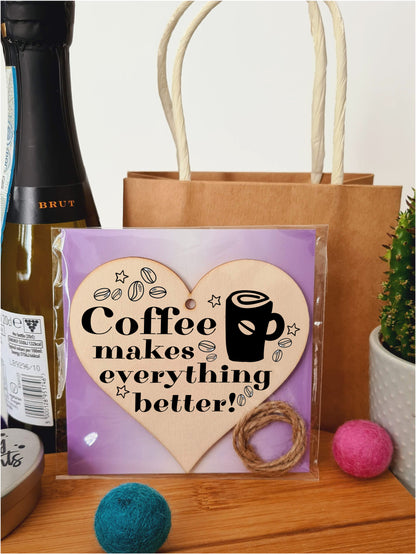 Handmade Wooden Hanging Heart Plaque Gift for Coffee Lovers Novelty Funny Keepsake