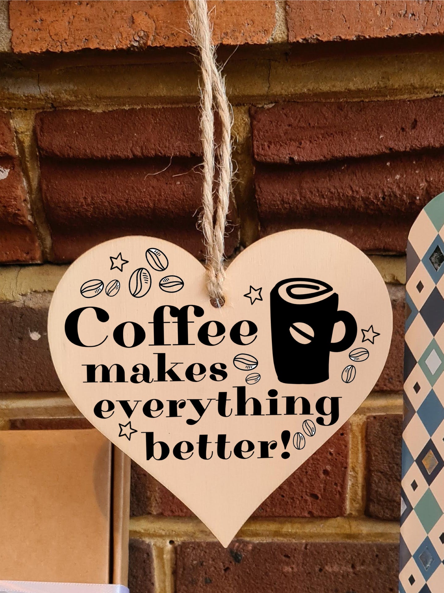 Handmade Wooden Hanging Heart Plaque Gift for Coffee Lovers Novelty Funny Keepsake