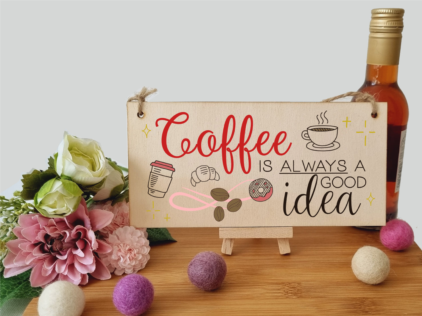 Handmade Wooden Hanging Wall Plaque Coffee is Always a Good Idea Fun Decorative Sign Kitchen Coffee Shop