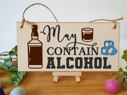 May Contain Alcohol Funny Novelty Handmade Wooden Hanging Wall Plaque Gift Home Bar Man Cave Sign Decoration