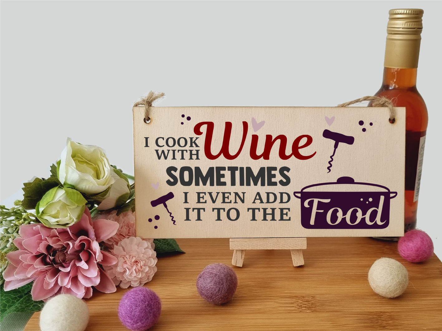 I Cook With Wine Funny Novelty Handmade Wooden Hanging Wall Plaque Gift Kitchen Home Bar Sign Decoration