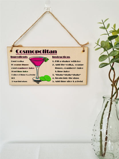 Handmade Wooden Hanging Wall Plaque Cosmpolitan Cocktail Recipe Card Gift Decorative Classy Sign Home Bar