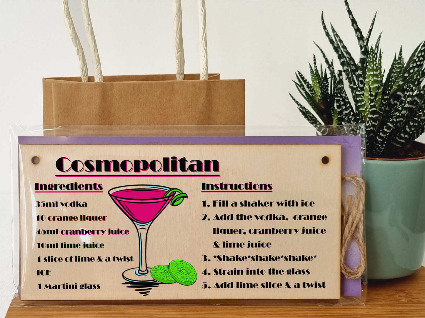 Handmade Wooden Hanging Wall Plaque Cosmpolitan Cocktail Recipe Card Gift Decorative Classy Sign Home Bar