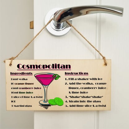 Handmade Wooden Hanging Wall Plaque Cosmpolitan Cocktail Recipe Card Gift Decorative Classy Sign Home Bar