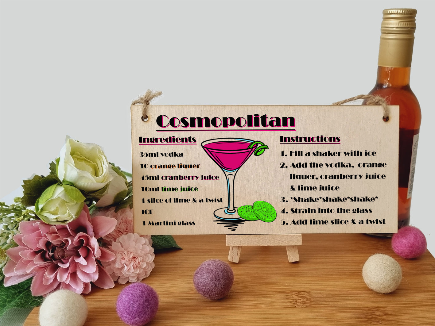 Handmade Wooden Hanging Wall Plaque Cosmpolitan Cocktail Recipe Card Gift Decorative Classy Sign Home Bar