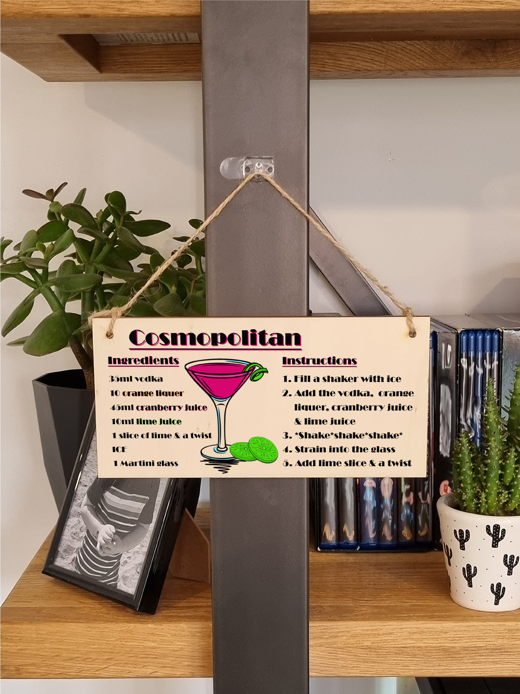 Handmade Wooden Hanging Wall Plaque Cosmpolitan Cocktail Recipe Card Gift Decorative Classy Sign Home Bar