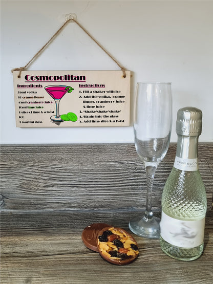 Handmade Wooden Hanging Wall Plaque Cosmpolitan Cocktail Recipe Card Gift Decorative Classy Sign Home Bar