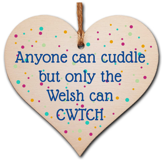 Handmade Wooden Hanging Heart Plaque Gift Cuddle Welsh Cwtch Fun Novelty Wall Hanger Decoration Friendship Family Love