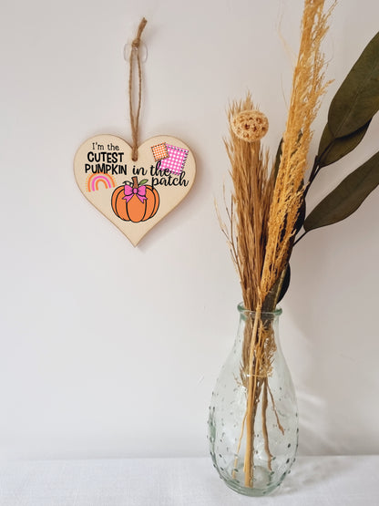 Cutest Pumpkin Patch Baby Girl Cute Autumn Seasonal Hanging Heart Wooden Decoration Gift Card Alternative New Baby Nursery