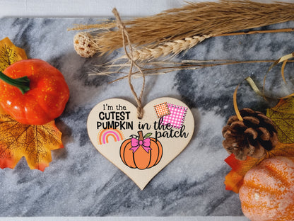 Cutest Pumpkin Patch Baby Girl Cute Autumn Seasonal Hanging Heart Wooden Decoration Gift Card Alternative New Baby Nursery