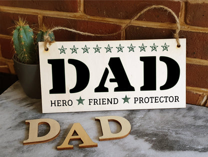 Handmade Wooden Hanging Wall Plaque Dad Hero Friend Protector Sentimental Gift Father's Day Office Man Cave