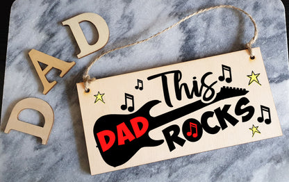 Handmade Wooden Hanging Wall Plaque This Dad Rocks Fun Guitar Music Novelty Sign Father's Day Gift Man Cave Office