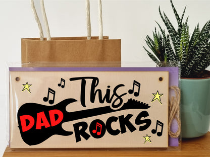 Handmade Wooden Hanging Wall Plaque This Dad Rocks Fun Guitar Music Novelty Sign Father's Day Gift Man Cave Office