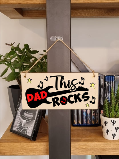 Handmade Wooden Hanging Wall Plaque This Dad Rocks Fun Guitar Music Novelty Sign Father's Day Gift Man Cave Office