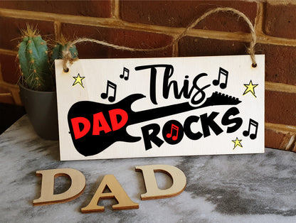 Handmade Wooden Hanging Wall Plaque This Dad Rocks Fun Guitar Music Novelty Sign Father's Day Gift Man Cave Office