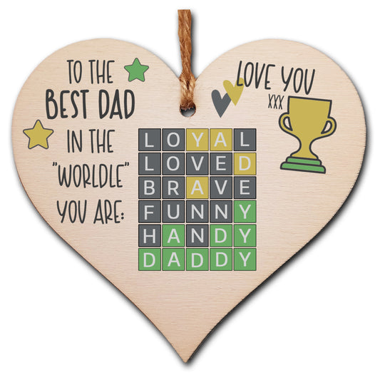 Best Dad in the World Wordle Funny Novelty Hanging Heart Wooden Decoration Gift Father's Day Card Alternative
