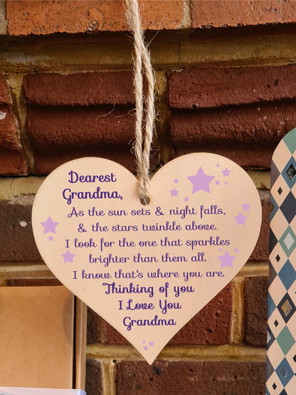 Handmade Wooden Hanging Heart Plaque Gift to remember Grandma Loving Thoughtful Remembrance Keepsake