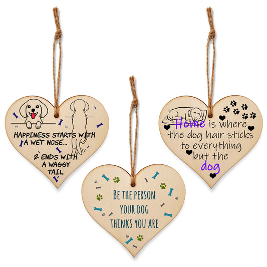 Set of 3 Hanging Decorations Wooden Hearts Funny Dog Lover Gift | Be the Person Your Dog Thinks | Happiness Wet Nose & Waggy Tail