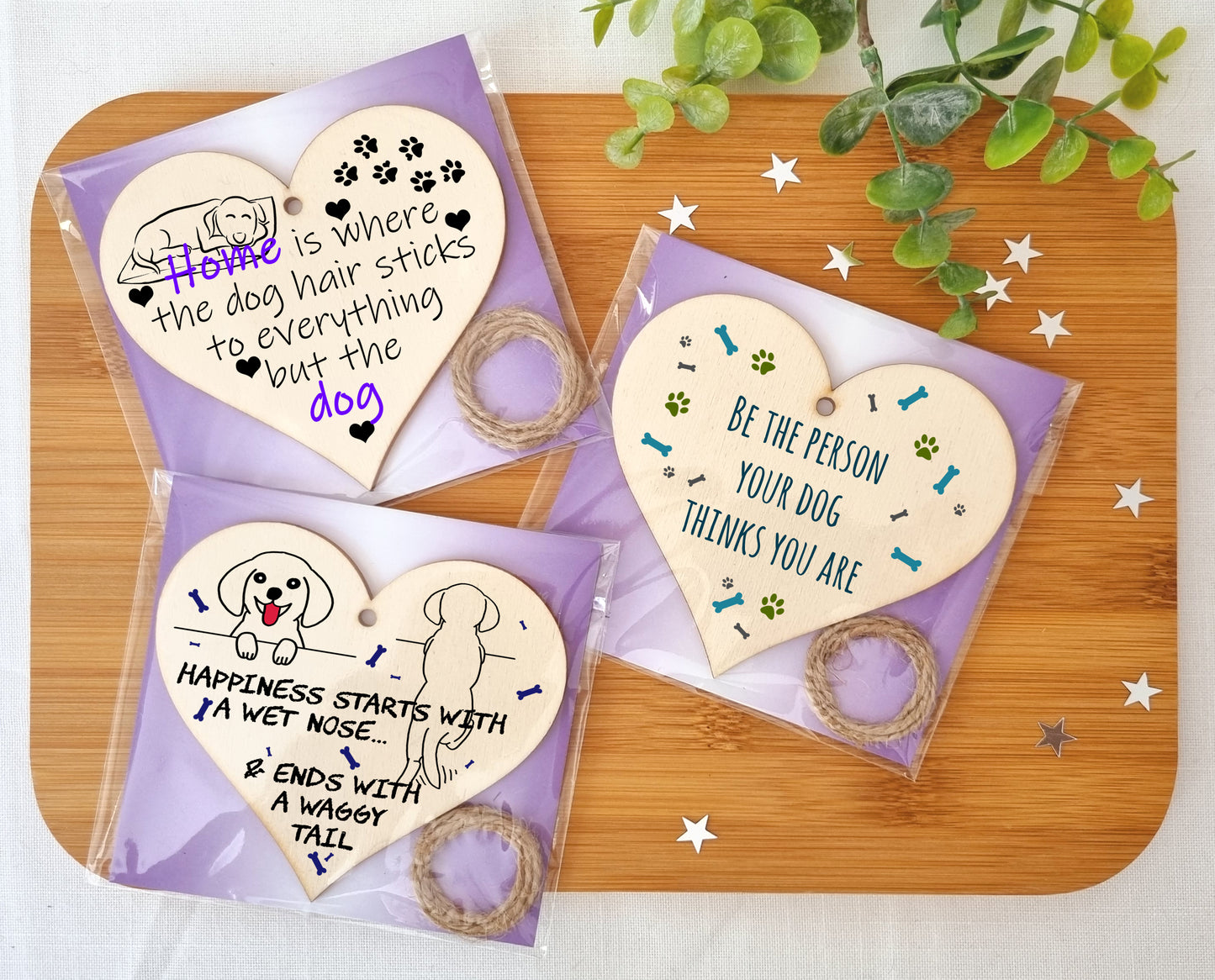 Set of 3 Hanging Decorations Wooden Hearts Funny Dog Lover Gift | Be the Person Your Dog Thinks | Happiness Wet Nose & Waggy Tail