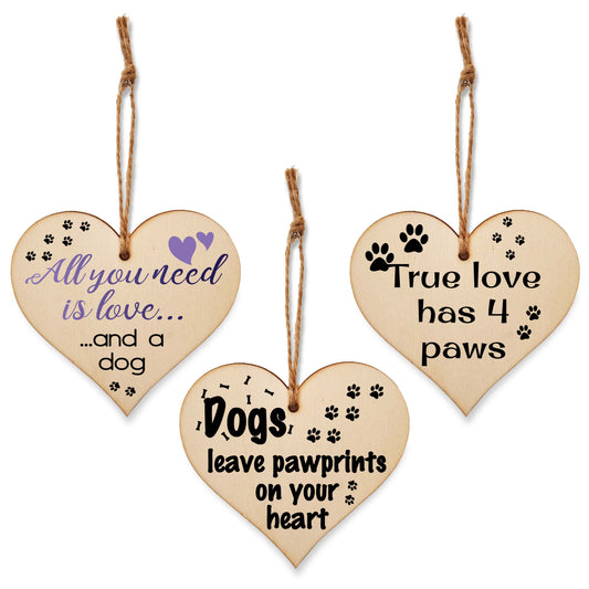 Set of 3 Hanging Decorations Wooden Hearts Dog Lover Sweet Gift | Dogs Leave Paw Prints on your Heart | True Love has 4 Paws